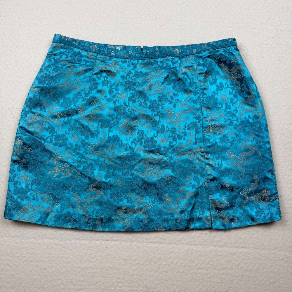 Vtg 90s Teal Dragon Jacquard Mini Skirt Side Slit Cyber Y2K Rare Med 13